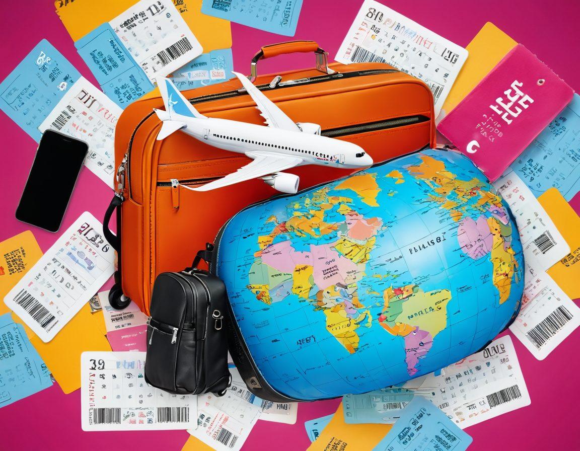 A collage of airplane tickets, travel bags, and a globe surrounded by glossy dollar signs, representing affordable travel options. Add a joyful traveler checking prices on a smartphone, and a calendar with marked travel dates, highlighting savings and plans. Background should be bright and inviting, evoking a sense of exploration and excitement. vibrant colors. digital illustration.